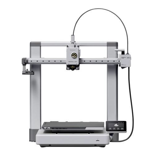 Bambu Lab A1 style desktop 3D printer with metal frame, print head, build plate, and control display