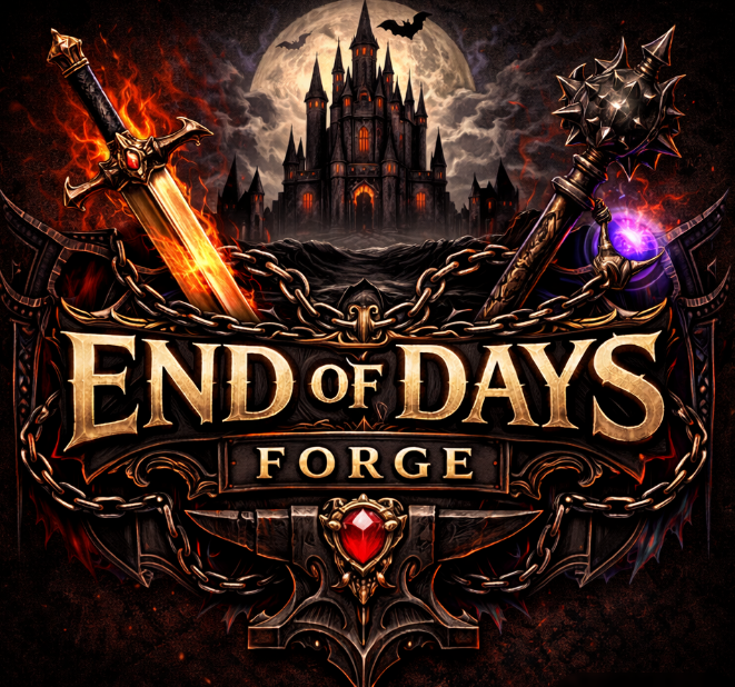 End of Days Forge dark fantasy logo with castle, moon, chains, flaming sword, mace, and gold lettering